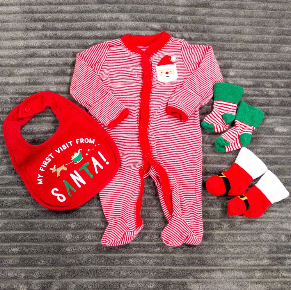 Carter's Baby First Christmas Outfit  Bundle Newborn Red Pajama Bib & Socks